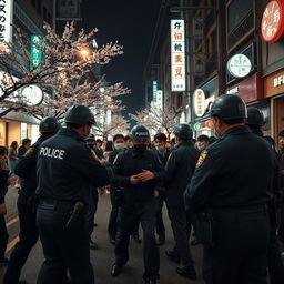 A dramatic night scene showcasing Japanese police officers as they control and arrest criminals in an urban environment