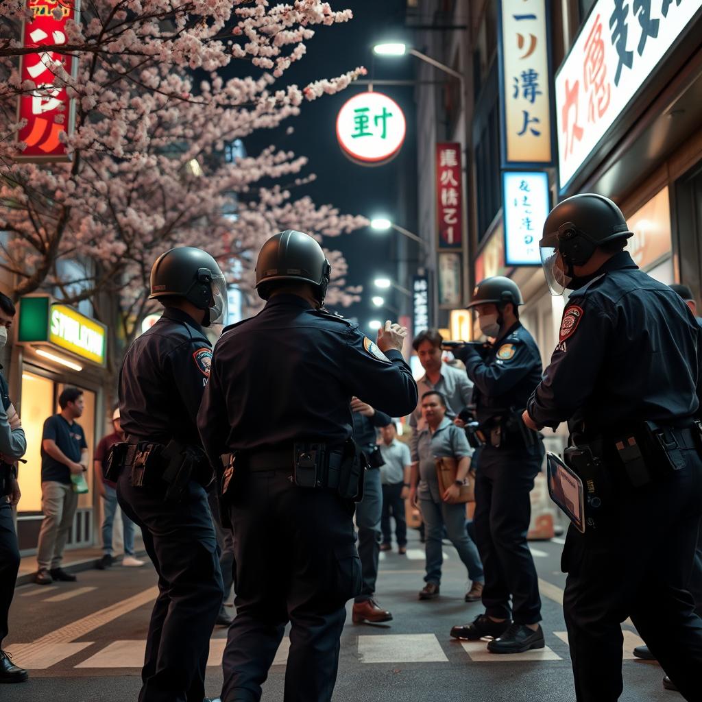 A dramatic night scene showcasing Japanese police officers as they control and arrest criminals in an urban environment