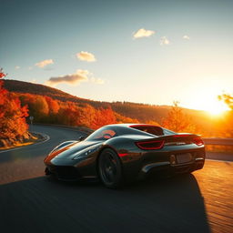 A sleek black sports car driving through a winding mountain road surrounded by vibrant autumn foliage, with the sun setting in the background casting a warm golden glow