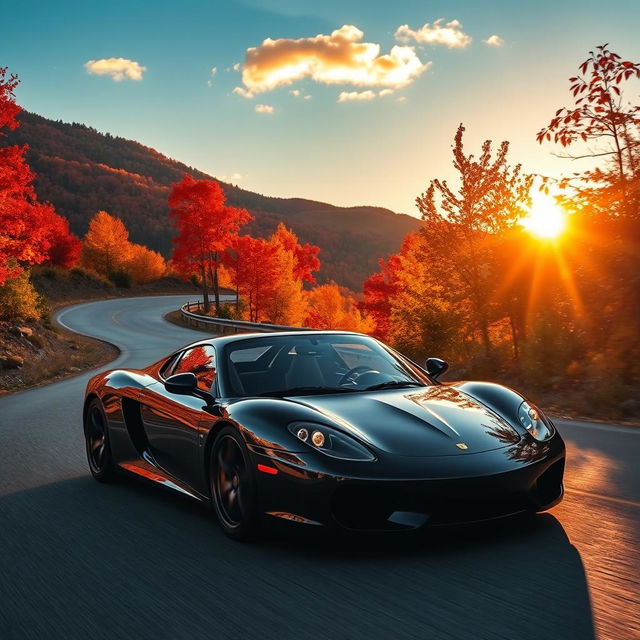 A sleek black sports car driving through a winding mountain road surrounded by vibrant autumn foliage, with the sun setting in the background casting a warm golden glow