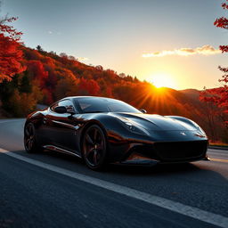 A sleek black sports car driving through a winding mountain road surrounded by vibrant autumn foliage, with the sun setting in the background casting a warm golden glow
