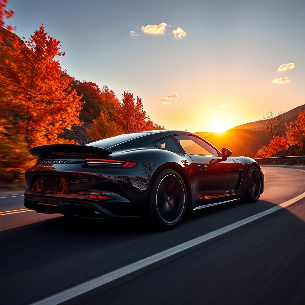 A sleek black sports car driving through a winding mountain road surrounded by vibrant autumn foliage, with the sun setting in the background casting a warm golden glow
