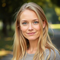 A 30-year-old woman with blonde hair, displaying a simple and natural appearance without any makeup