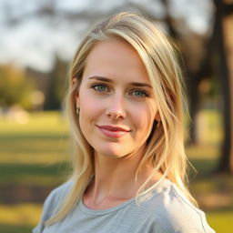 A 30-year-old woman with blonde hair, displaying a simple and natural appearance without any makeup
