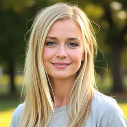 A 30-year-old woman with blonde hair, displaying a simple and natural appearance without any makeup
