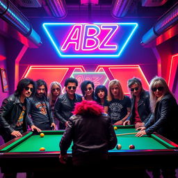 A lively billiard hall scene featuring a group of rockers, showcasing their edgy fashion with leather jackets, band tees, and striking hairstyles as they gather around the pool tables