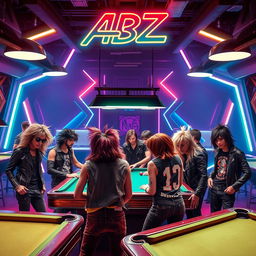A lively billiard hall scene featuring a group of rockers, showcasing their edgy fashion with leather jackets, band tees, and striking hairstyles as they gather around the pool tables