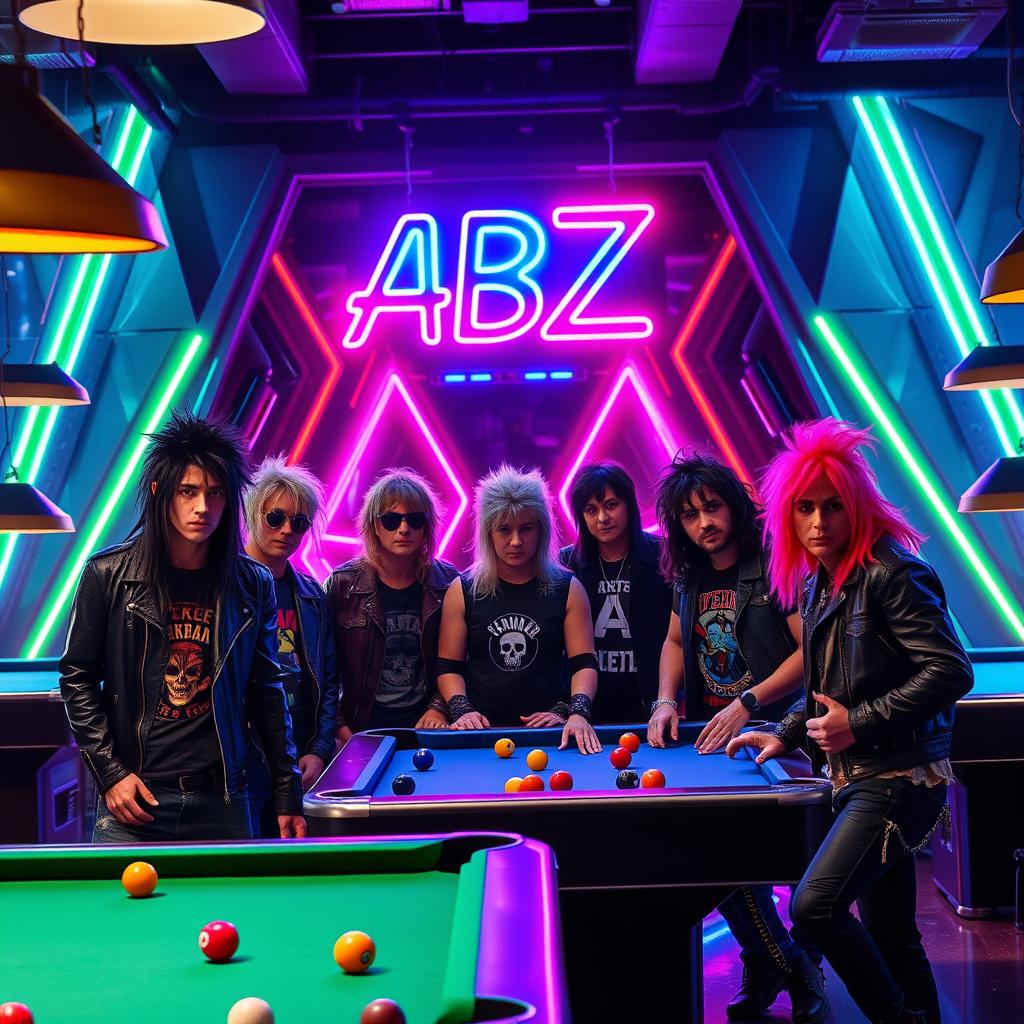 A lively billiard hall scene featuring a group of rockers, showcasing their edgy fashion with leather jackets, band tees, and striking hairstyles as they gather around the pool tables