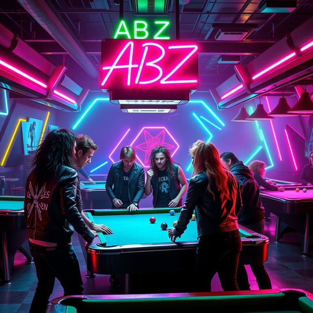 A lively billiard hall scene featuring a group of rockers, showcasing their edgy fashion with leather jackets, band tees, and striking hairstyles as they gather around the pool tables