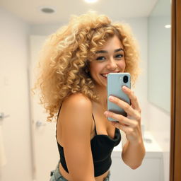 A young blonde woman with curly hair taking a selfie in front of a bathroom mirror