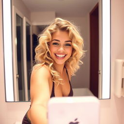 A young blonde woman with curly hair taking a selfie in front of a bathroom mirror