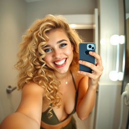 A young blonde woman with curly hair taking a selfie in front of a bathroom mirror