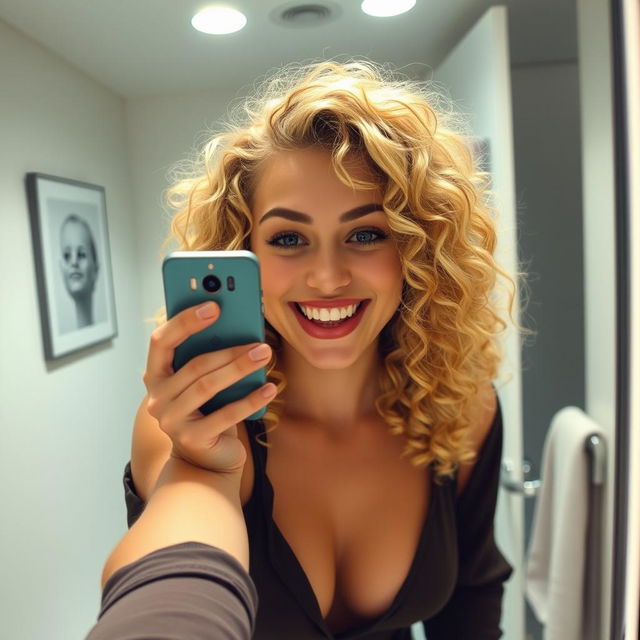 A young blonde woman with curly hair taking a selfie in front of a bathroom mirror