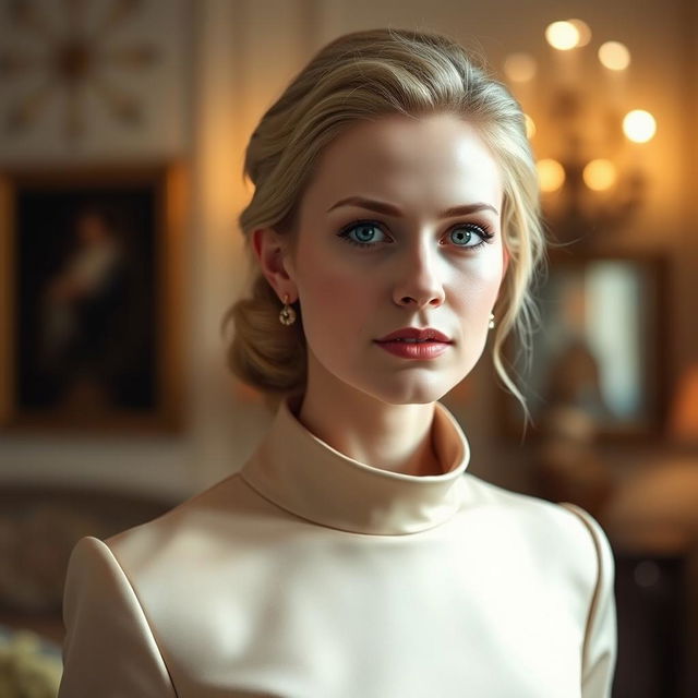 A portrait of a 35-year-old European woman with light hair and light skin, elegantly dressed in a sophisticated outfit featuring a high neckline, suitable for formal settings