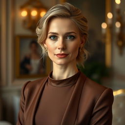 A portrait of a 35-year-old European woman with light hair and light skin, elegantly dressed in a sophisticated outfit featuring a high neckline, suitable for formal settings