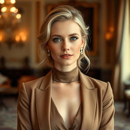 A portrait of a 35-year-old European woman with light hair and light skin, elegantly dressed in a sophisticated outfit featuring a high neckline, suitable for formal settings