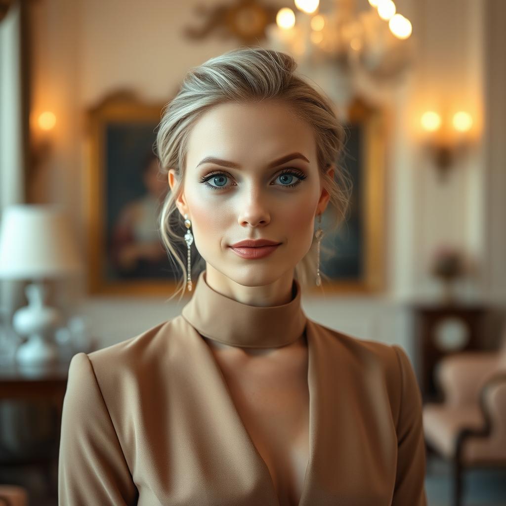 A portrait of a 35-year-old European woman with light hair and light skin, elegantly dressed in a sophisticated outfit featuring a high neckline, suitable for formal settings