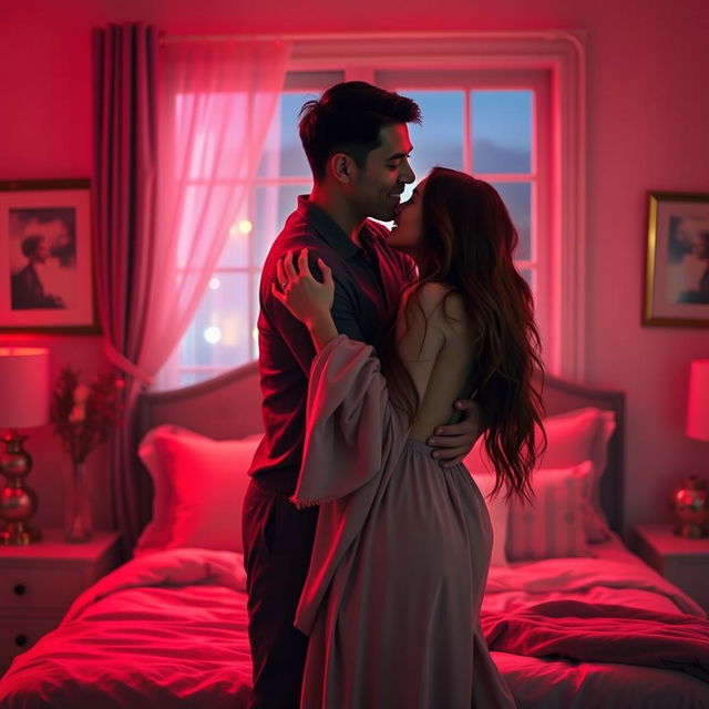 A romantic scene featuring a man gently hugging and kissing a woman in a beautifully decorated bedroom, bathed in soft red light that creates an intimate and passionate atmosphere