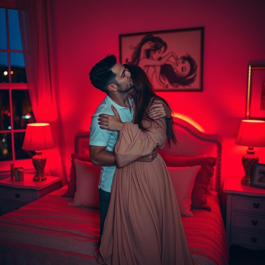 A romantic scene featuring a man gently hugging and kissing a woman in a beautifully decorated bedroom, bathed in soft red light that creates an intimate and passionate atmosphere