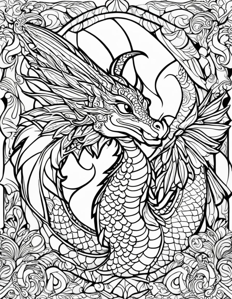Intricate dragon coloring page with bold outlines, featuring detailed scales, spread wings, coiled tail, and a playful grin.
