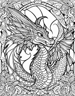 Intricate dragon coloring page with bold outlines, featuring detailed scales, spread wings, coiled tail, and a playful grin.