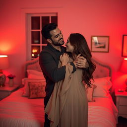 A romantic scene featuring a man gently hugging and kissing a woman in a beautifully decorated bedroom, bathed in soft red light that creates an intimate and passionate atmosphere