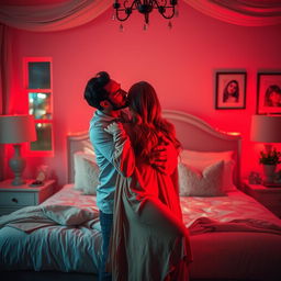 A romantic scene featuring a man gently hugging and kissing a woman in a beautifully decorated bedroom, bathed in soft red light that creates an intimate and passionate atmosphere