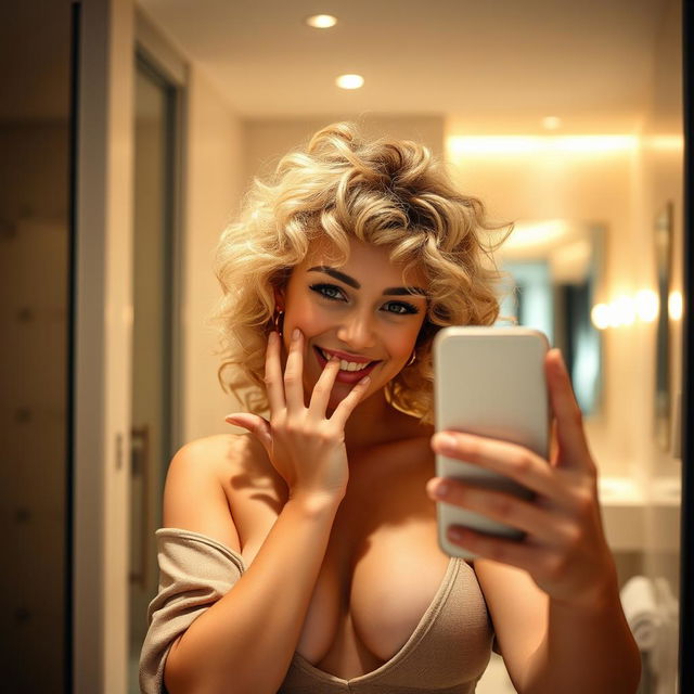 A young blonde woman with curly hair taking a selfie in front of a bathroom mirror