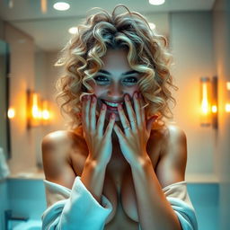 A young blonde woman with curly hair taking a selfie in front of a bathroom mirror