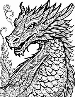 Intricate dragon coloring page with bold outlines, featuring detailed scales, spread wings, coiled tail, and a playful grin.