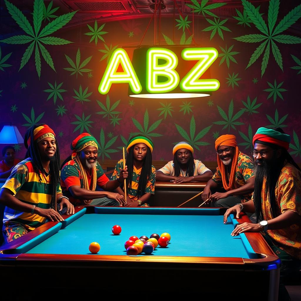 A lively billiard hall scene featuring a group of Rasta individuals, showcasing their vibrant attire characterized by colorful patterns and styles