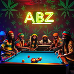 A lively billiard hall scene featuring a group of Rasta individuals, showcasing their vibrant attire characterized by colorful patterns and styles