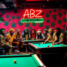 A lively billiard hall scene featuring a group of Rasta individuals, showcasing their vibrant attire characterized by colorful patterns and styles