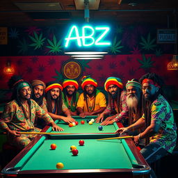 A lively billiard hall scene featuring a group of Rasta individuals, showcasing their vibrant attire characterized by colorful patterns and styles