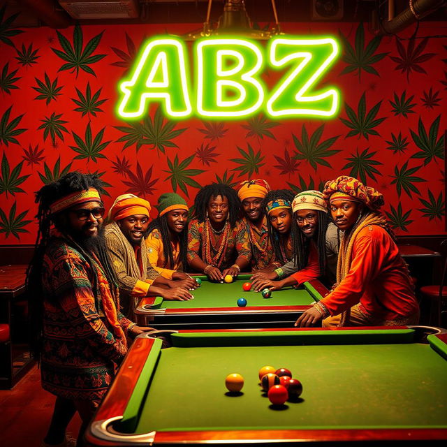 A lively billiard hall scene featuring a group of Rasta individuals, showcasing their vibrant attire characterized by colorful patterns and styles