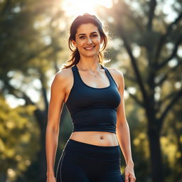 A 35-year-old European woman with dark hair, dressed in athletic wear