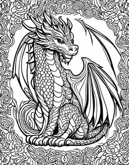 Intricate dragon coloring page with bold outlines, featuring detailed scales, spread wings, coiled tail, and a playful grin.