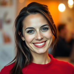 A 35-year-old Italian woman with a modest appearance, smiling and looking well-groomed