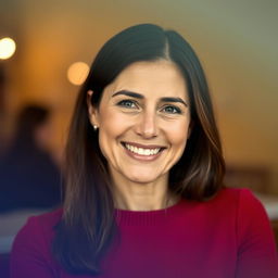 A 35-year-old Italian woman with a modest appearance, smiling and looking well-groomed