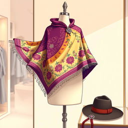 A detailed illustration of a beautifully designed capa (cloak) on a mannequin in a high-end clothing boutique, showcasing intricate embroidery, vibrant colors, and elegant fabric folds