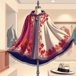 A detailed illustration of a beautifully designed capa (cloak) on a mannequin in a high-end clothing boutique, showcasing intricate embroidery, vibrant colors, and elegant fabric folds