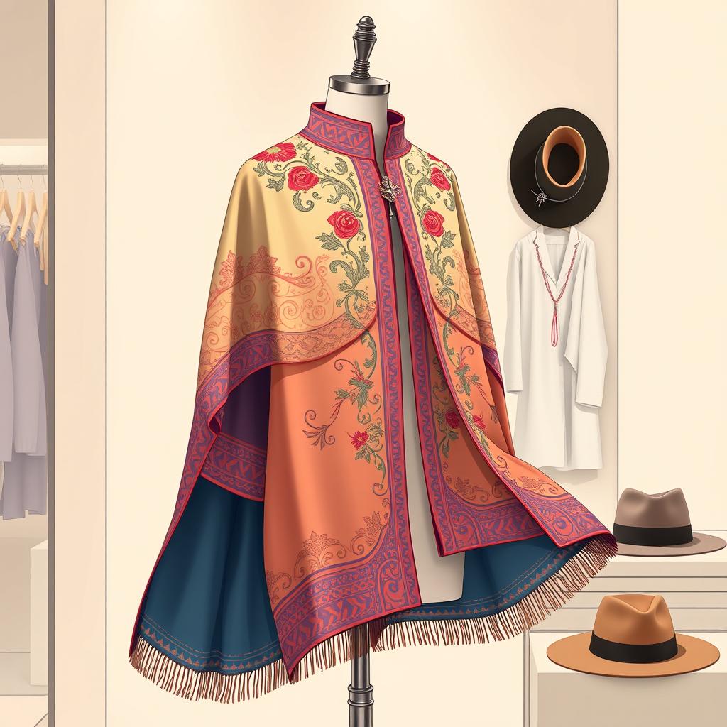 A detailed illustration of a beautifully designed capa (cloak) on a mannequin in a high-end clothing boutique, showcasing intricate embroidery, vibrant colors, and elegant fabric folds