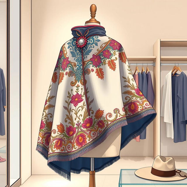 A detailed illustration of a beautifully designed capa (cloak) on a mannequin in a high-end clothing boutique, showcasing intricate embroidery, vibrant colors, and elegant fabric folds