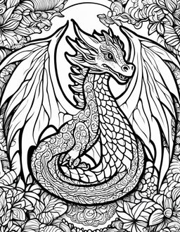 Intricate dragon coloring page with bold outlines, featuring detailed scales, spread wings, coiled tail, and a playful grin.