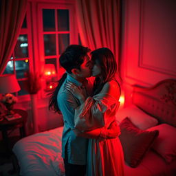 A romantic scene featuring a Chinese man tenderly hugging and kissing a woman in a beautifully adorned bedroom, illuminated by soft red light that enhances the intimacy of the moment