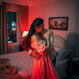 A romantic scene featuring a Chinese man tenderly hugging and kissing a woman in a beautifully adorned bedroom, illuminated by soft red light that enhances the intimacy of the moment