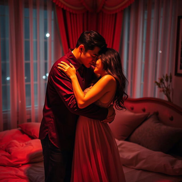 A romantic scene featuring a Chinese man tenderly hugging and kissing a woman in a beautifully adorned bedroom, illuminated by soft red light that enhances the intimacy of the moment