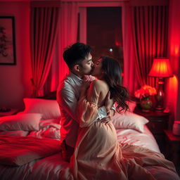 A romantic scene featuring a Chinese man tenderly hugging and kissing a woman in a beautifully adorned bedroom, illuminated by soft red light that enhances the intimacy of the moment
