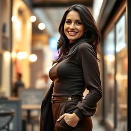 A 35-year-old European woman with dark hair, dressed elegantly in fashionable clothing that accentuates her curves