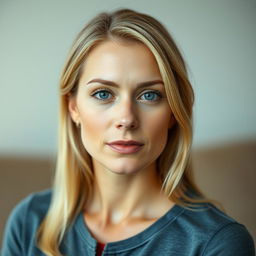 A simple, elegant portrait of a 35-year-old woman with blonde hair